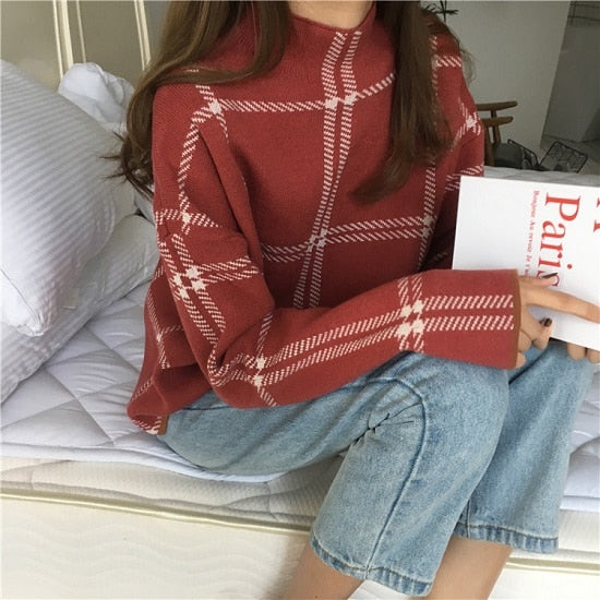 Plaid Turtleneck Loose Knitted Full Sleeve Top - LEPITON