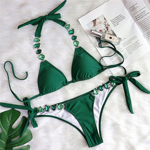 Green Crystal Push-Up Halter Swimsuit - LEPITON