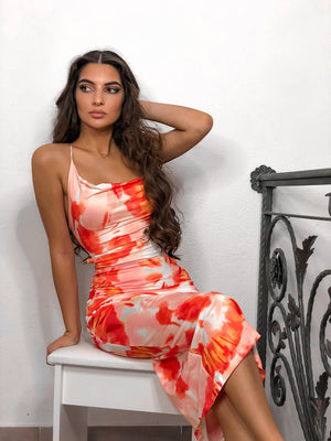 Tie Dye Spaghetti Strap Backless Lace Up Midi Dress - LEPITON