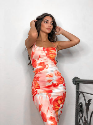 Tie Dye Spaghetti Strap Backless Lace Up Midi Dress - LEPITON