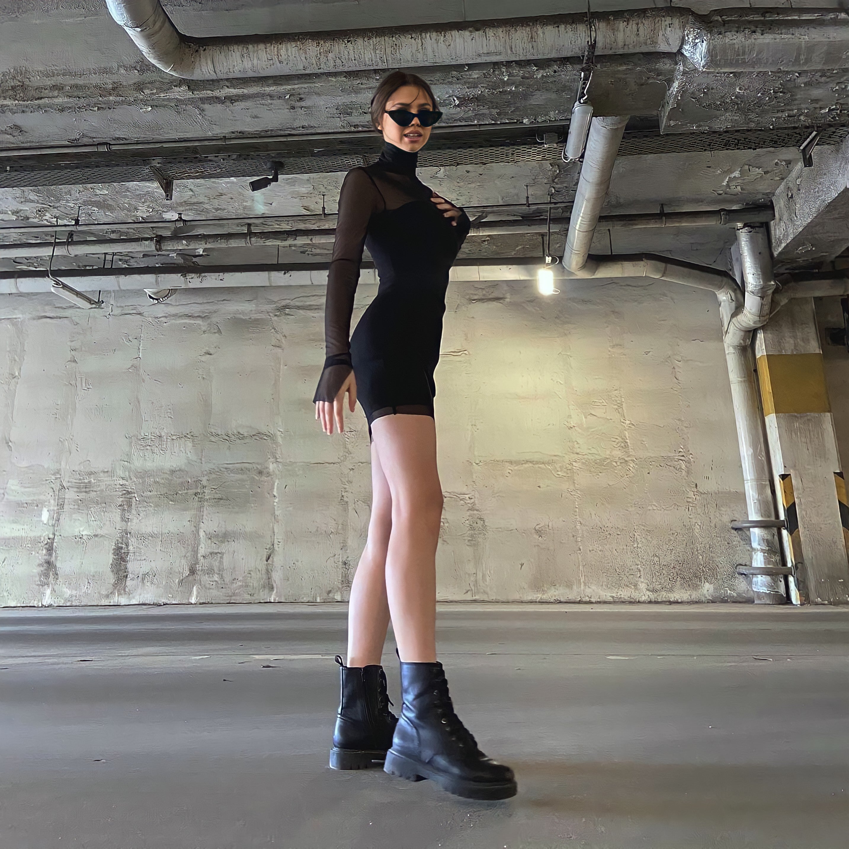 Turtleneck Lace Long Sleeve Bodycon Mini Dress - LEPITON
