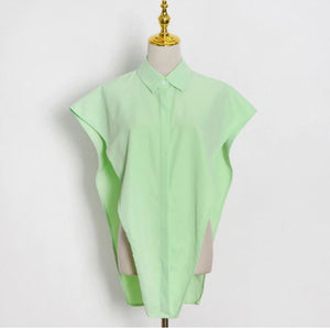 Sleeveless Hollow-Out Side Over-Sized Turn Down Collar Shirt - LEPITON