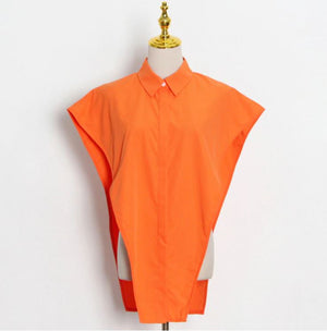 Sleeveless Hollow-Out Side Over-Sized Turn Down Collar Shirt - LEPITON