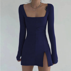 Elegant Square Neck Long Sleeve Ribbed Side Split Bodycon Mini Dress - LEPITON