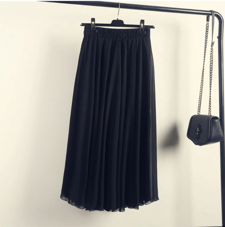 High Waist Solid Chiffon Pleated A-Line Maxi Skirt - LEPITON