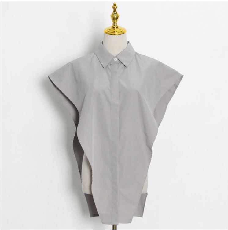 Sleeveless Hollow-Out Side Over-Sized Turn Down Collar Shirt - LEPITON