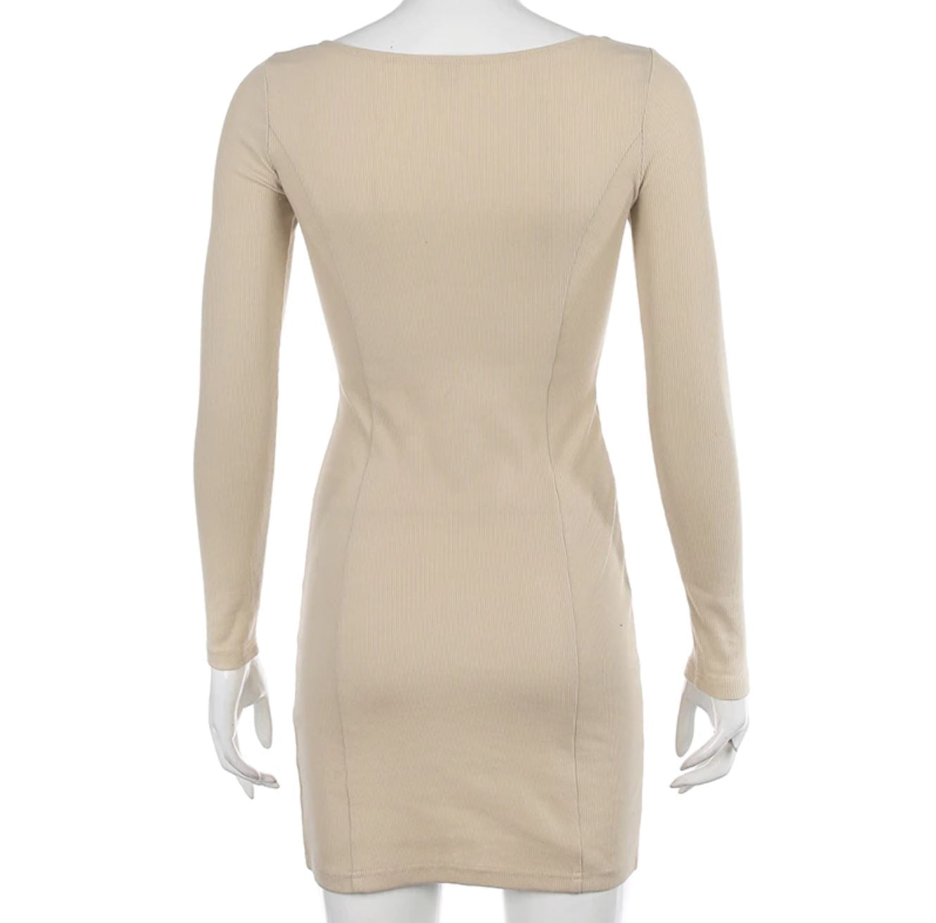 Elegant Square Neck Long Sleeve Ribbed Side Split Bodycon Mini Dress - LEPITON