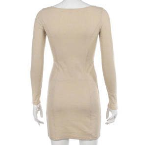 Elegant Square Neck Long Sleeve Ribbed Side Split Bodycon Mini Dress - LEPITON