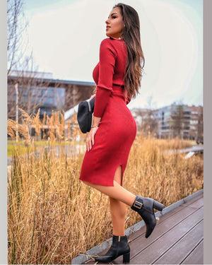 Pearl Button Bodycon Knitted Sweater Dress - LEPITON