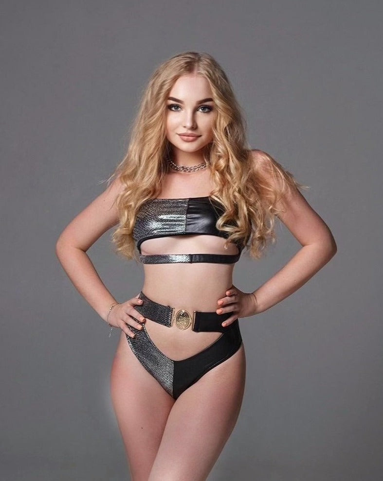 Black and Silver Hollow-Out High-Waist Metal Buckle Belt Swimsuit - LEPITON