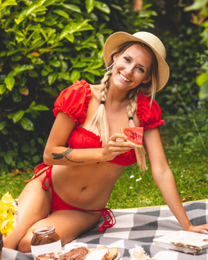 Red Padded Bra Short Sleeve Zipper Bandage Low Waist Bikini - LEPITON