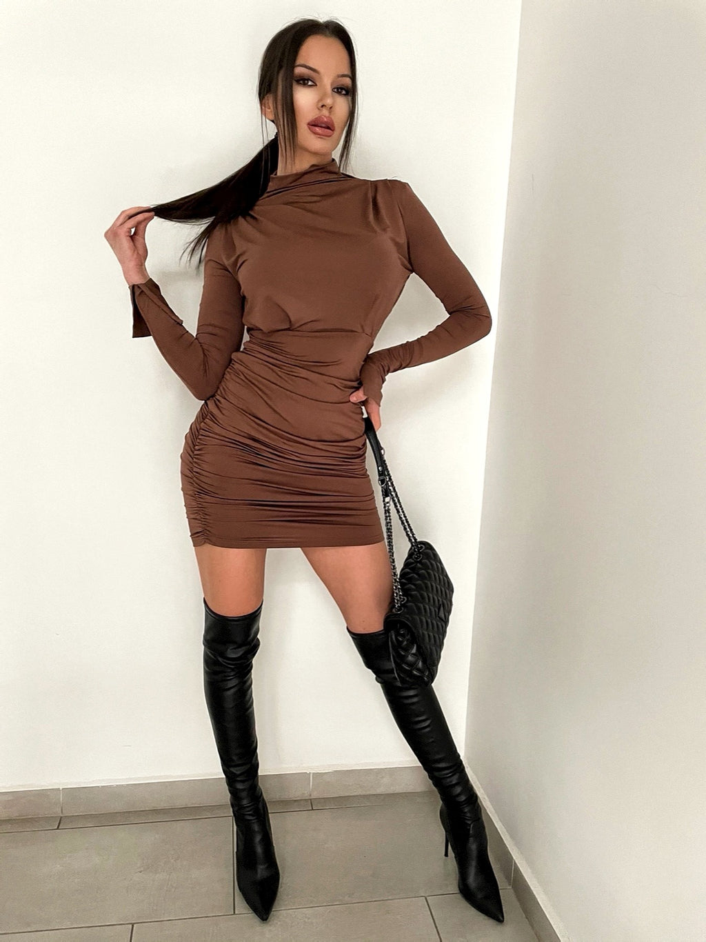 Elegant Turtleneck Pleated Bodycon Mini Dress - LEPITON