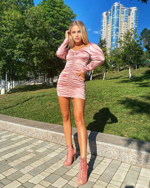 Pink Off Shoulder Puff Sleeve Ruffle Mini Dress - LEPITON