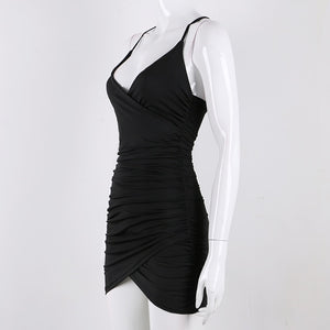 Black Deep V-Neck Backless Cross Bandage Ruched Mini Dress - LEPITON