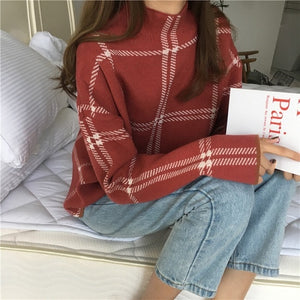 Plaid Turtleneck Loose Knitted Full Sleeve Top - LEPITON