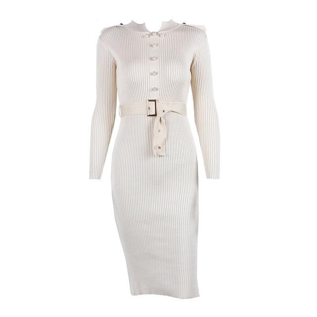 Pearl Button Bodycon Knitted Sweater Dress - LEPITON