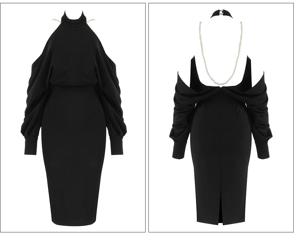 Black Backless Pearl Chain Split Dress - LEPITON