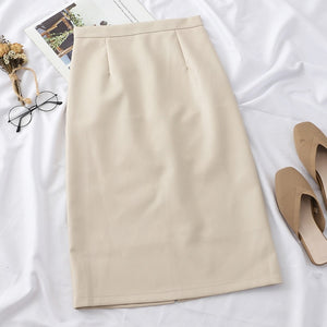 PU Leather Solid Split High-Waist Straight Midi Skirt - LEPITON