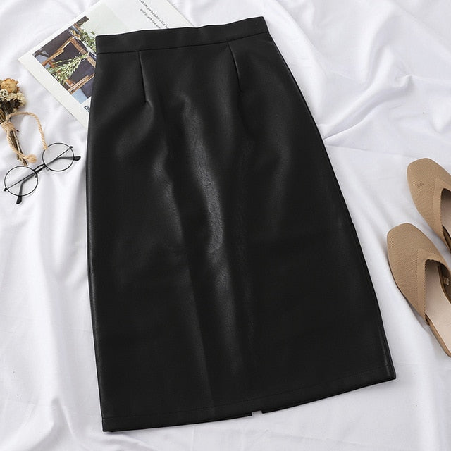 PU Leather Solid Split High-Waist Straight Midi Skirt - LEPITON