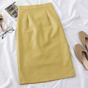PU Leather Solid Split High-Waist Straight Midi Skirt - LEPITON
