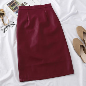 PU Leather Solid Split High-Waist Straight Midi Skirt - LEPITON