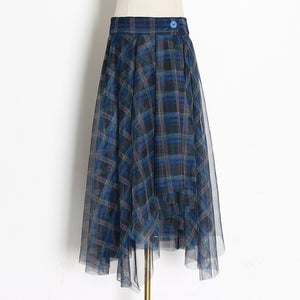 Plaid Patchwork Mesh High Waist A-Line Skirt - LEPITON
