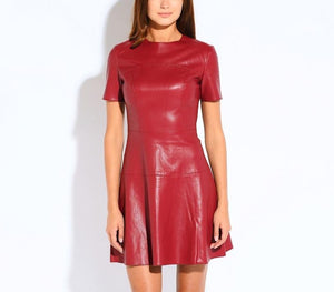 Fashion PU Leather Short Sleeve A-Line O-Neck Mini Dress - LEPITON