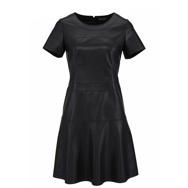 Fashion PU Leather Short Sleeve A-Line O-Neck Mini Dress - LEPITON