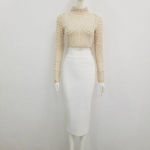 Nude Beading Long Sleeve Rayon Bandage 2-Piece Dress - LEPITON