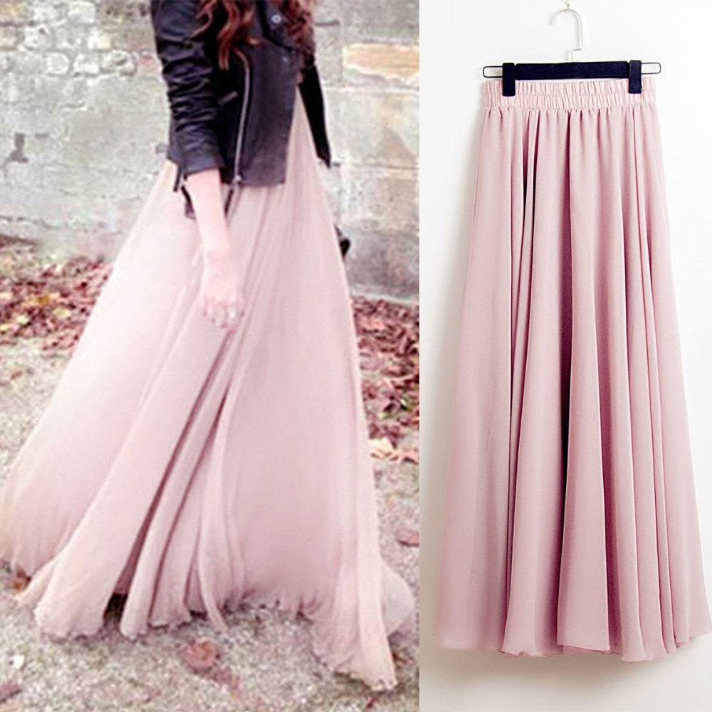 High Waist Solid Chiffon Pleated A-Line Maxi Skirt - LEPITON