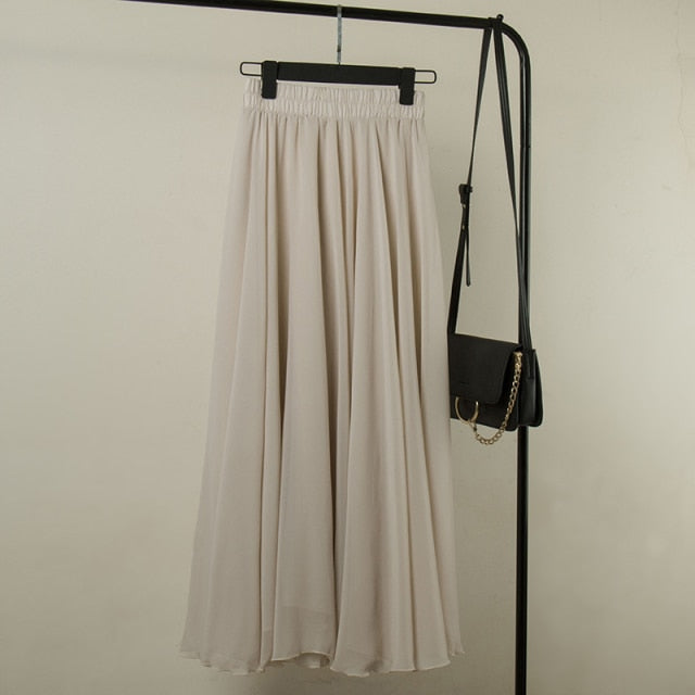 High Waist Solid Chiffon Pleated A-Line Maxi Skirt - LEPITON