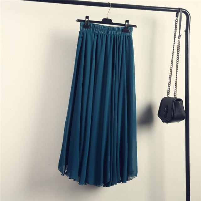 High Waist Solid Chiffon Pleated A-Line Maxi Skirt - LEPITON