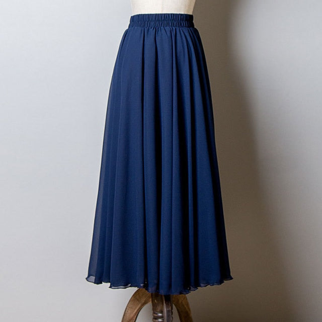 High Waist Solid Chiffon Pleated A-Line Maxi Skirt - LEPITON