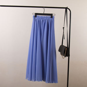 High Waist Solid Chiffon Pleated A-Line Maxi Skirt - LEPITON