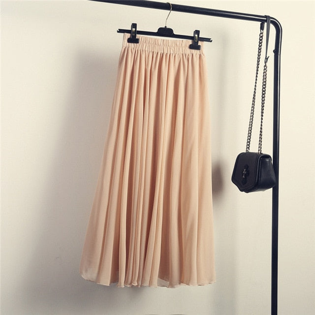 High Waist Solid Chiffon Pleated A-Line Maxi Skirt - LEPITON