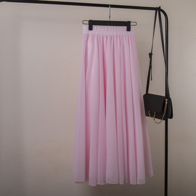 High Waist Solid Chiffon Pleated A-Line Maxi Skirt - LEPITON