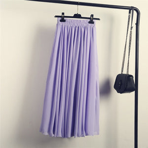 High Waist Solid Chiffon Pleated A-Line Maxi Skirt - LEPITON