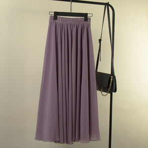 High Waist Solid Chiffon Pleated A-Line Maxi Skirt - LEPITON