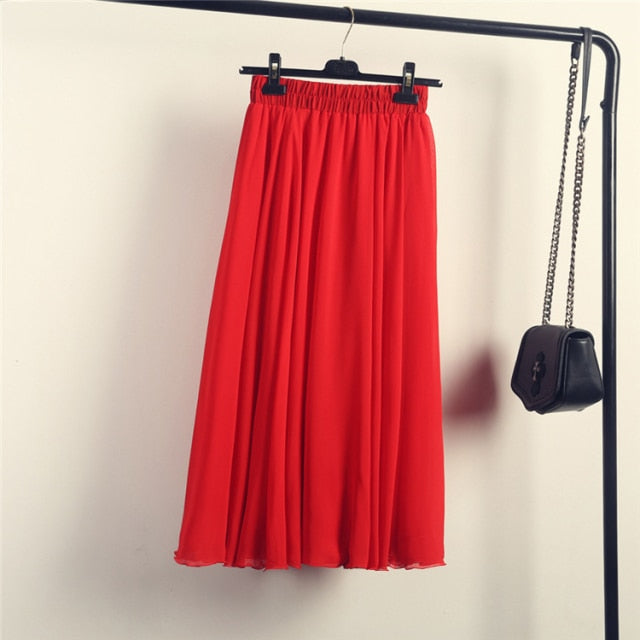 High Waist Solid Chiffon Pleated A-Line Maxi Skirt - LEPITON