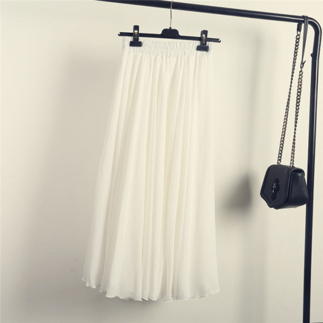 High Waist Solid Chiffon Pleated A-Line Maxi Skirt - LEPITON