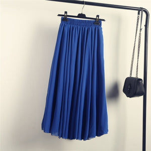 High Waist Solid Chiffon Pleated A-Line Maxi Skirt - LEPITON