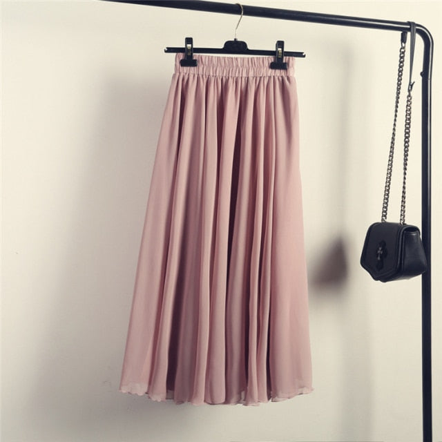 High Waist Solid Chiffon Pleated A-Line Maxi Skirt - LEPITON