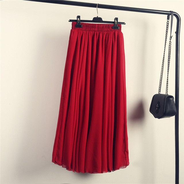 High Waist Solid Chiffon Pleated A-Line Maxi Skirt - LEPITON