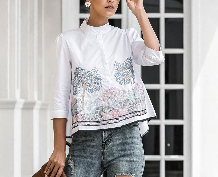 Embroidery 3/4 Sleeve Casual Blouse - LEPITON