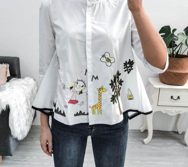Embroidery 3/4 Sleeve Casual Blouse - LEPITON