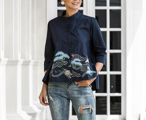 Embroidery 3/4 Sleeve Casual Blouse - LEPITON