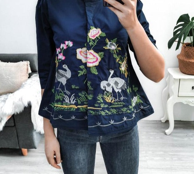 Embroidery 3/4 Sleeve Casual Blouse - LEPITON