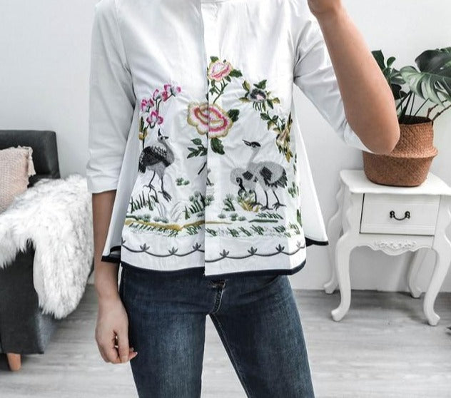 Embroidery 3/4 Sleeve Casual Blouse - LEPITON