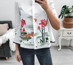 Embroidery 3/4 Sleeve Casual Blouse - LEPITON