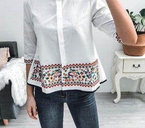 Embroidery 3/4 Sleeve Casual Blouse - LEPITON